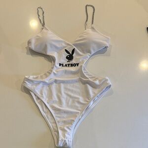 Playboy White Cut-Out One-Piece Swimsuit with Silver Chain Straps. Size M